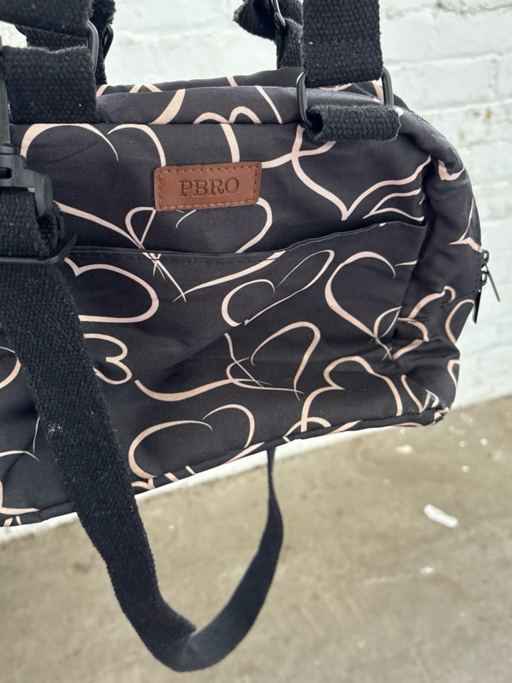PBRO Heart Print Crossbody Bag — Black with Pale Pink Hearts